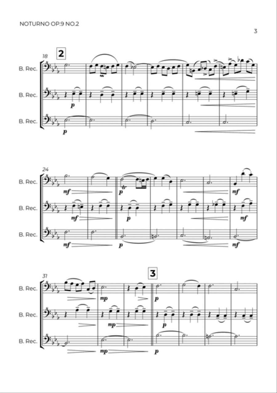 NOTURNO OP.9 NO.2 - CHOPIN – BASS RECORDER TRIO Woodwind Ensemble scores gallery preview page 3
