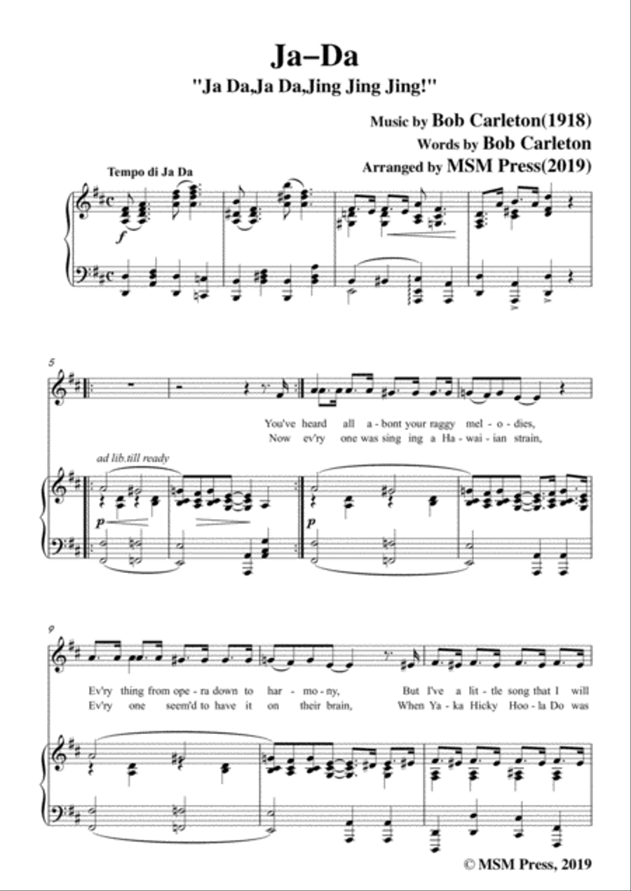 Bob Carleton-Ja-Da,in D Major,for Voice and Piano Piano, Vocal scores gallery preview page 3