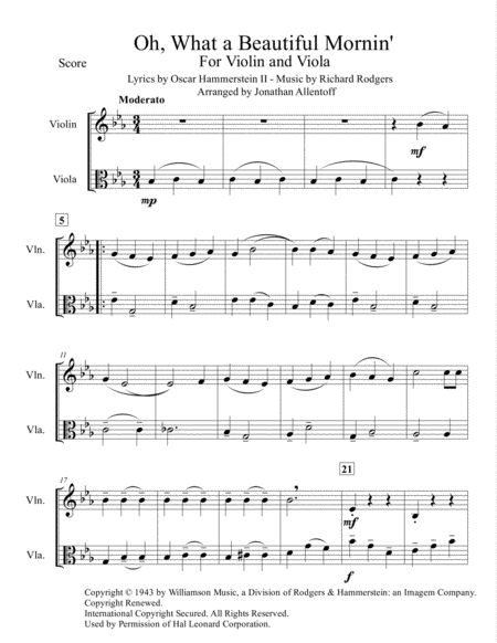 Oh, What A Beautiful Mornin' by Richard Rodgers String Duet - Digital Sheet Music