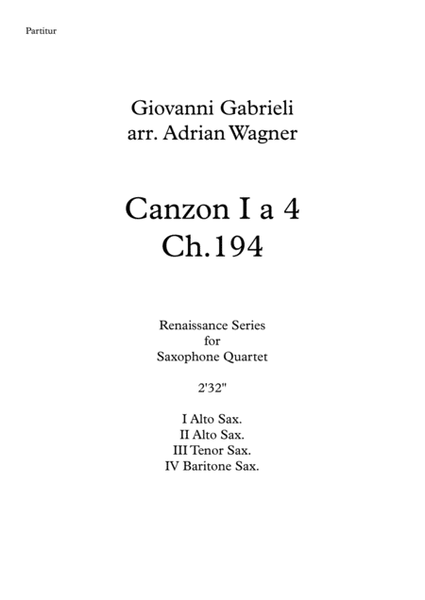 "Canzon I a 4 Ch.194" (Giovanni Gabrieli) Saxophone Quartet (AATB) arr. Adrian Wagner image number null