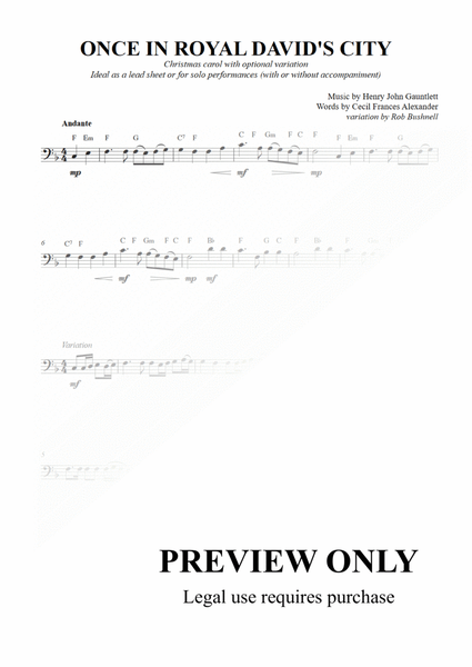 Once in Royal David's City - Lead Sheet or Solo for bass-clef instrument (F Major)
