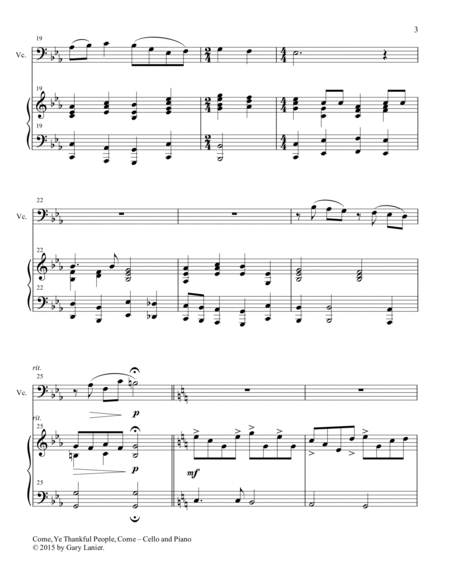 THREE THANKSGIVING HYMNS for Cello & Piano (Score & Parts included) image number null