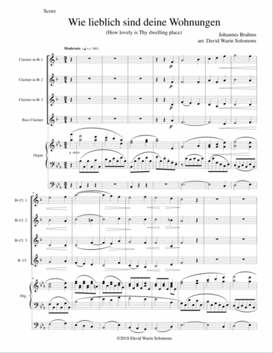 Wie lieblich sind deine Wohnungen (How lovely is Thy dwelling place) for clarinet quartet and organ Clarinet Quartet scores gallery preview page 1