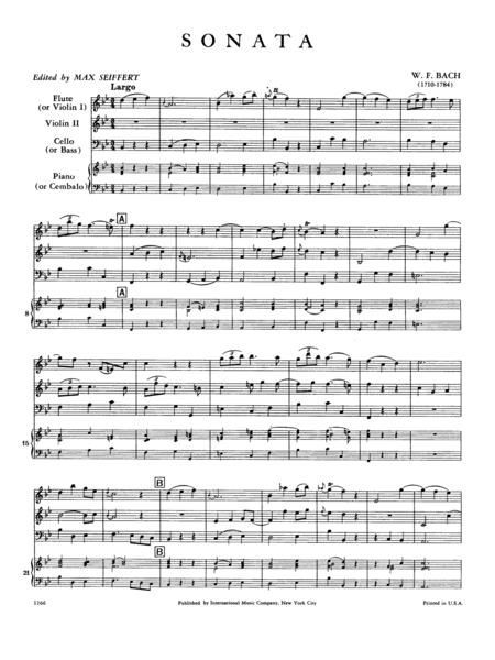 Sonata in B flat major for Flute, Violin & Piano or 2 Violins & Piano (with Cello ad lib.)