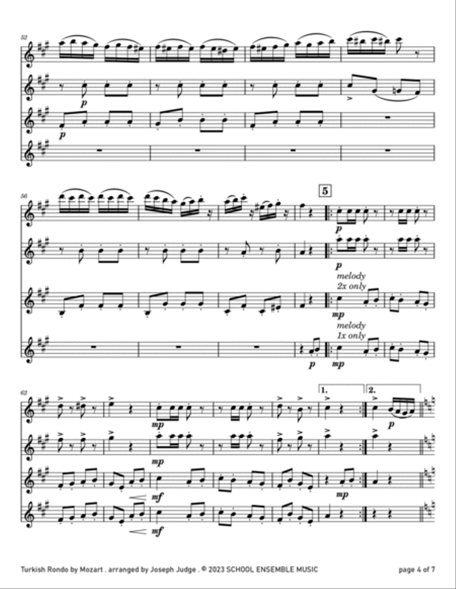 Turkish Rondo by Mozart for Clarinet Quartet in Schools Clarinet Quartet scores gallery preview page 4