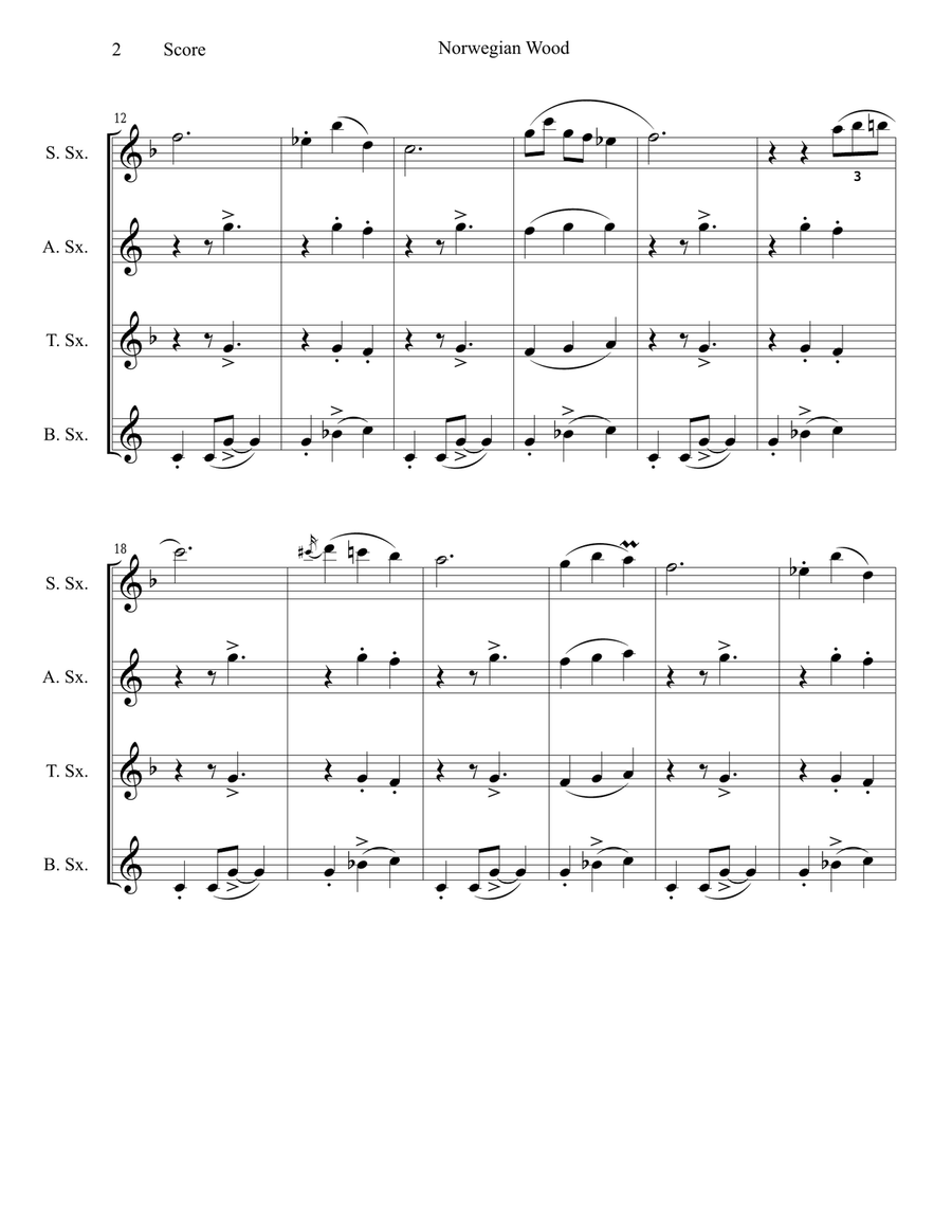 Norwegian Wood (This Bird Has Flown) Saxophone Quartet scores gallery preview page 3