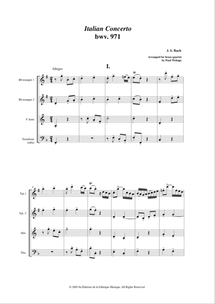 J. S. Bach: Italian Concerto BWV 971, arranged for two Bb trumpets, F horn and trombone or tuba Brass Ensemble scores gallery preview page 2
