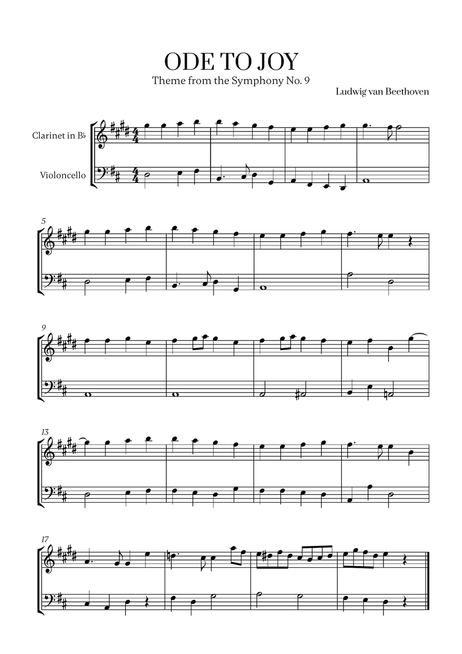 L. v. Beethoven - Ode to Joy (from Symphony No. 9) for Clarinet and Cello B-Flat Clarinet scores gallery preview page 1