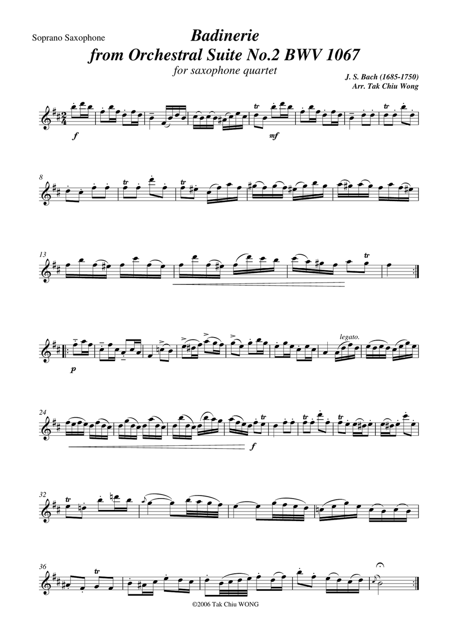Badinerie from Orchestral Suite No. 2 arranged for Saxophone Quartet Woodwind Quartet scores gallery preview page 4