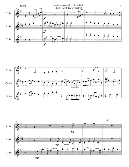 Variations on Men of Harlech (Rhyfelgyrch Gwŷr Harlech ) arrangement for saxophone trio image number null