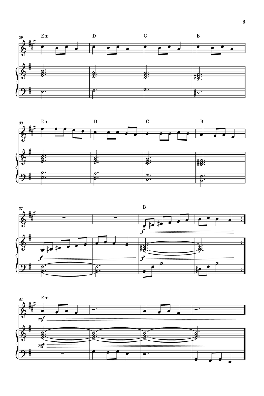 Carol of the Bells for Trumpet in Bb and Piano (Very Easy - Beginner) in E minor - With Chords B-Flat Trumpet scores gallery preview page 3