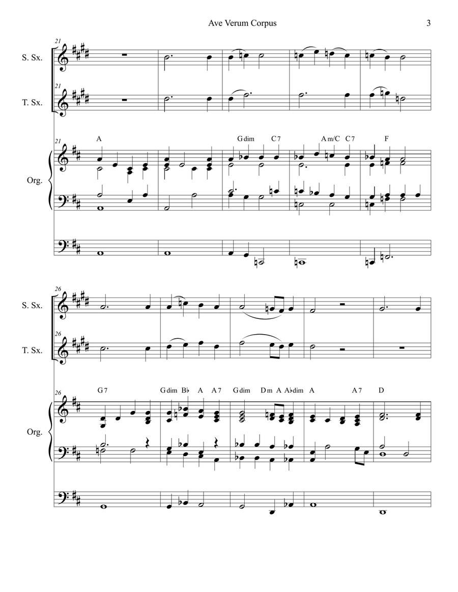 Ave Verum Corpus (Duet for Soprano and Tenor Saxophone - Organ Accompaniment) Woodwind Duet scores gallery preview page 3