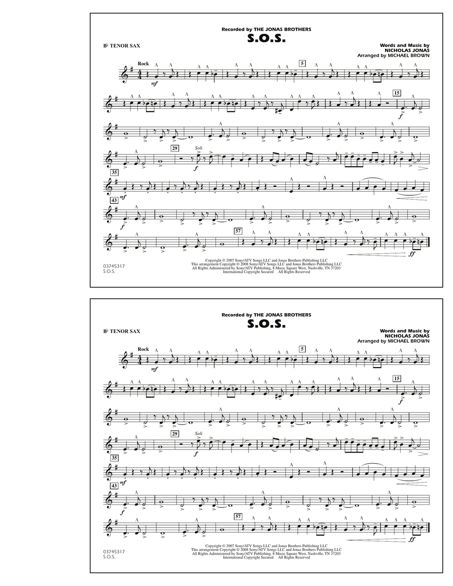 S.O.S. - Bb Tenor Sax S.O.S. - Bb Tenor Sax Marching Band scores gallery preview page 1