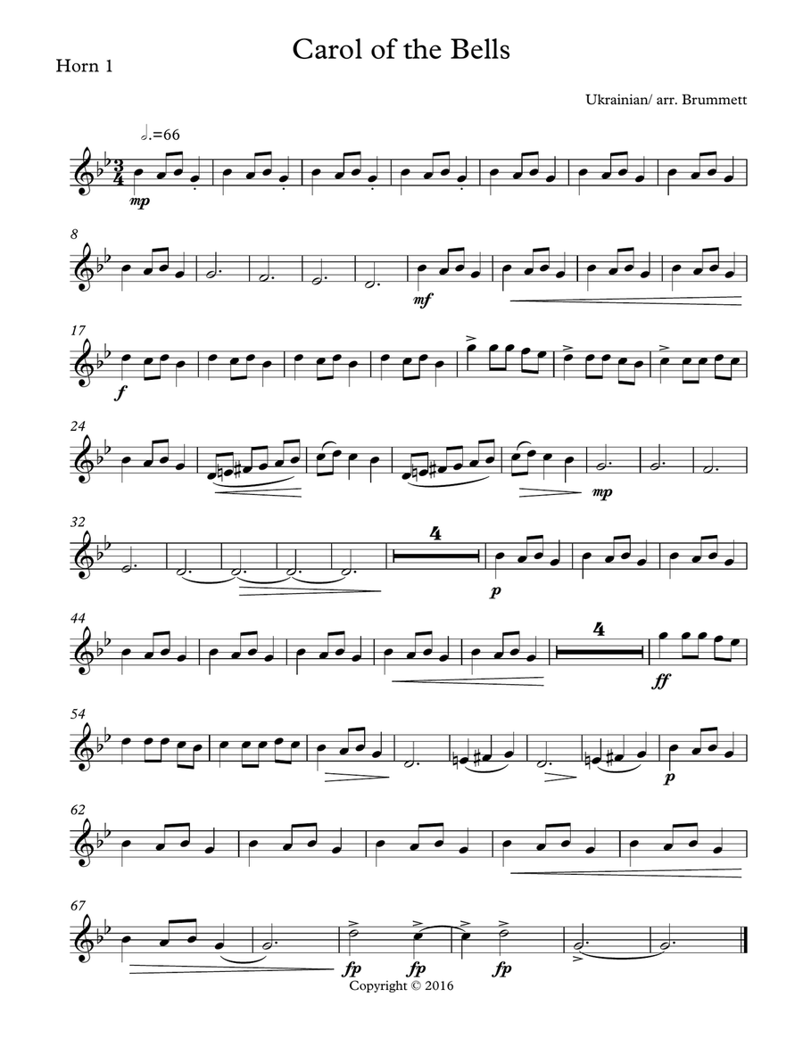 Carol of the Bells Horn Quartet French Horn Quartet scores gallery preview page 1