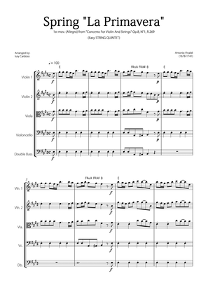 "Spring" (La Primavera) by Vivaldi - Easy version for STRING QUINTET (ORIGINAL KEY)