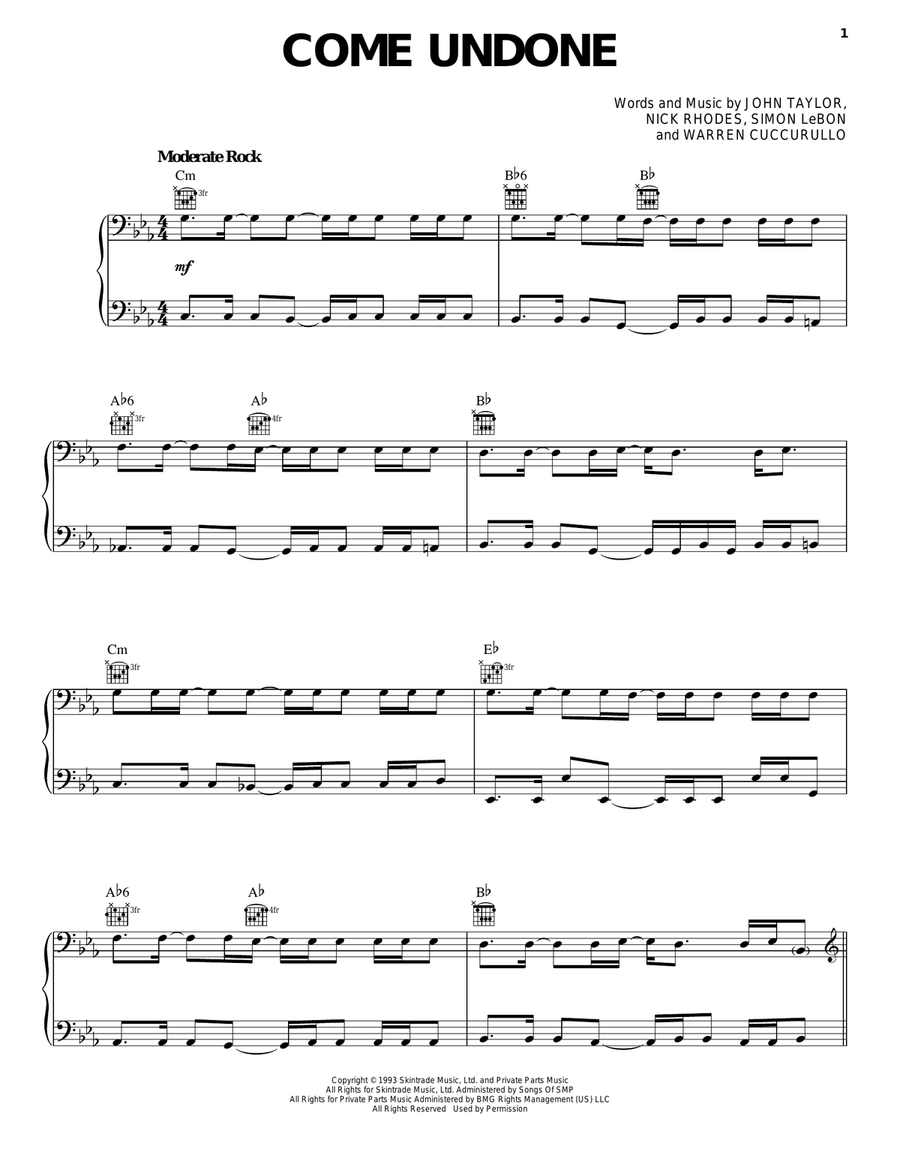 Come Undone Piano, Vocal, Guitar scores gallery preview page 1