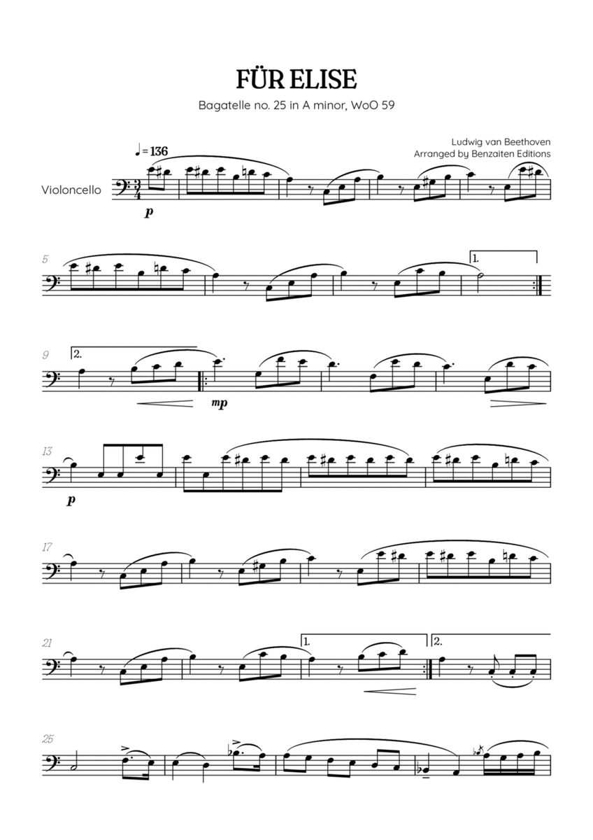 Beethoven • Für Elise / Pour Elise • violoncello sheet music image number null