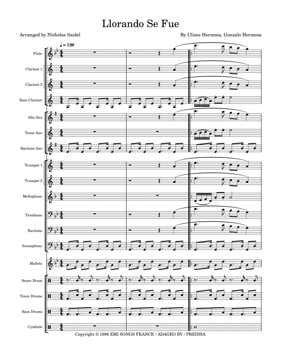 Llorando Se Fue Marching Band scores gallery preview page 1
