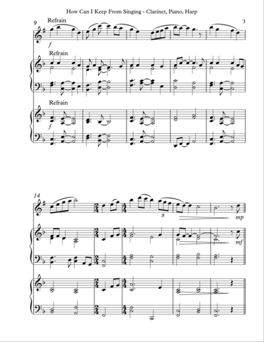 How Can I Keep From Singing, Trio for Bb Clarinet, Piano & Harp B-Flat Clarinet scores gallery preview page 3