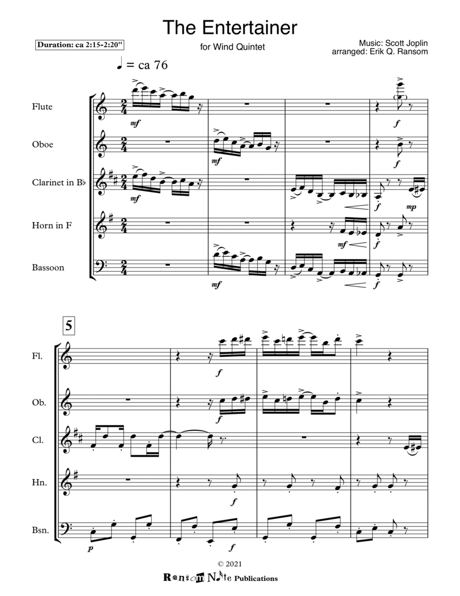 The Entertainer for Wind Quintet Woodwind Quintet scores gallery preview page 1