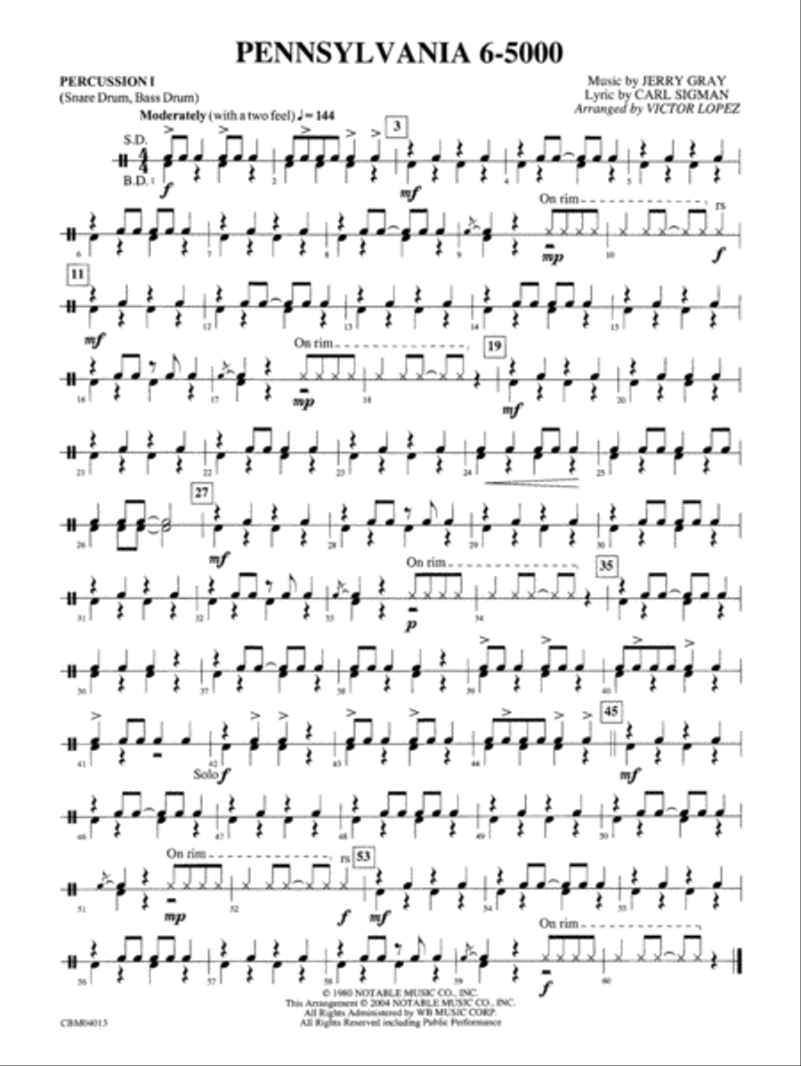 Pennsylvania 6-5000: 1st Percussion Concert Band scores gallery preview page 1