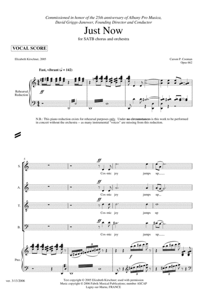 Carson Cooma: Just Now for SATB chorus and orchestra, chorus part with piano reduction