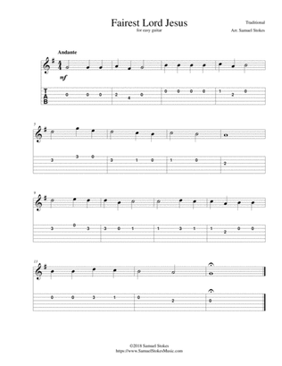 Fairest Lord Jesus - for easy guitar with TAB