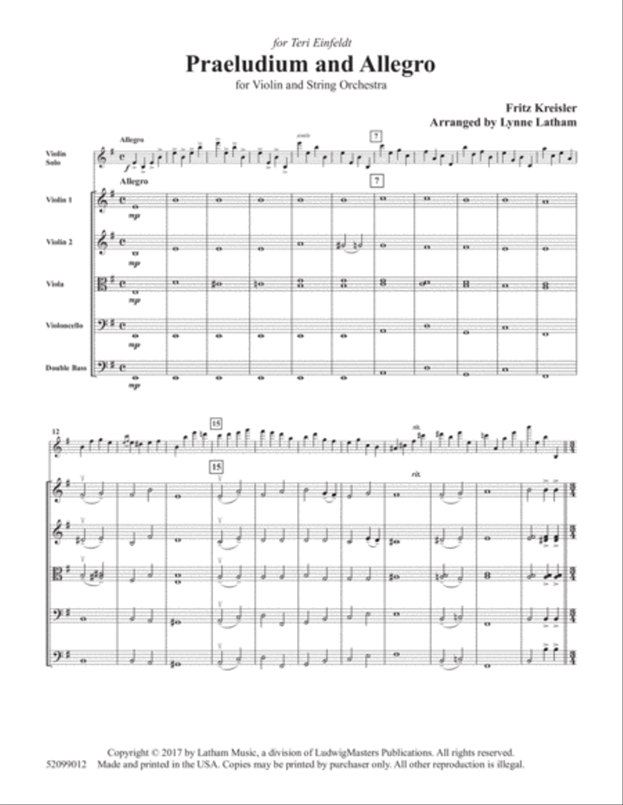 Praeludium and Allegro for Violin and String Orchestra String Orchestra scores gallery preview page 1