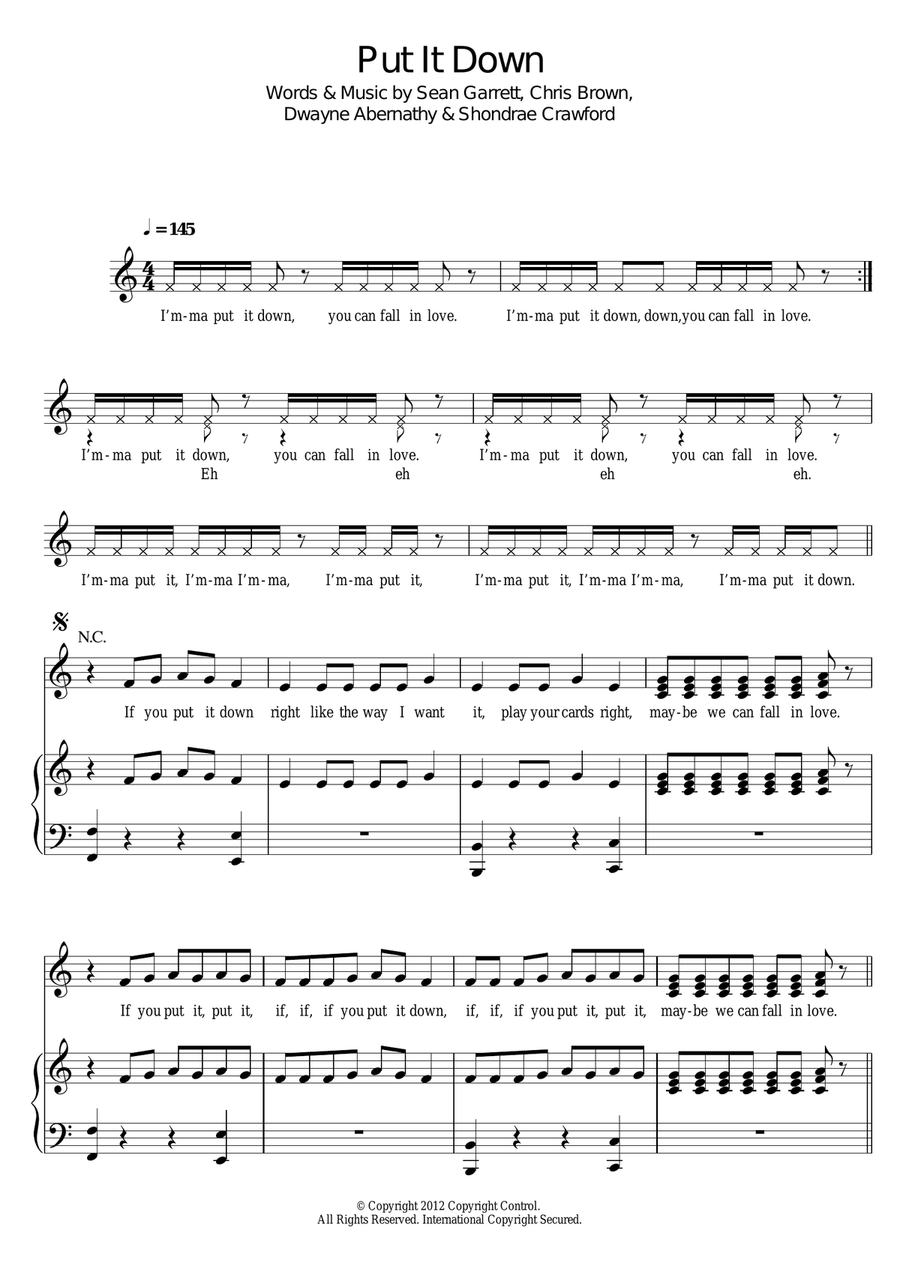 Put It Down (featuring Chris Brown) Piano, Vocal scores gallery preview page 1