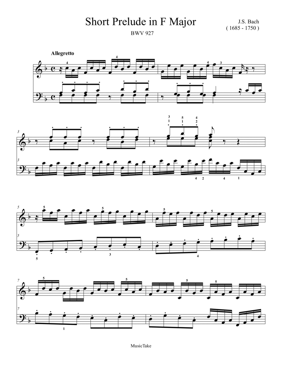 Bach Short Prelude in F Major BWV 927 Easy Piano scores gallery preview page 1