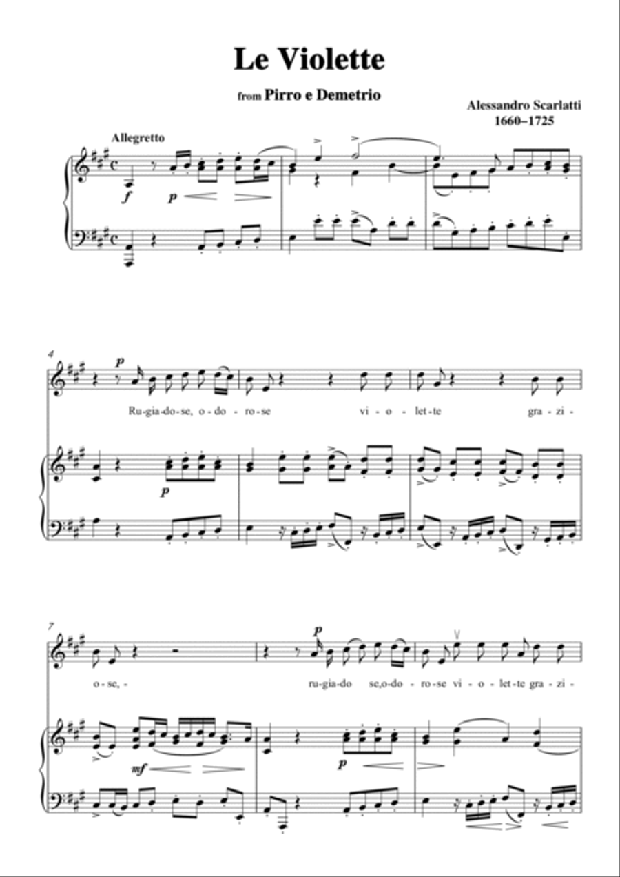 Scarlatti-Le Violette in A Major,from Pirro e Demetrio,for Voice&Piano Voice scores gallery preview page 3