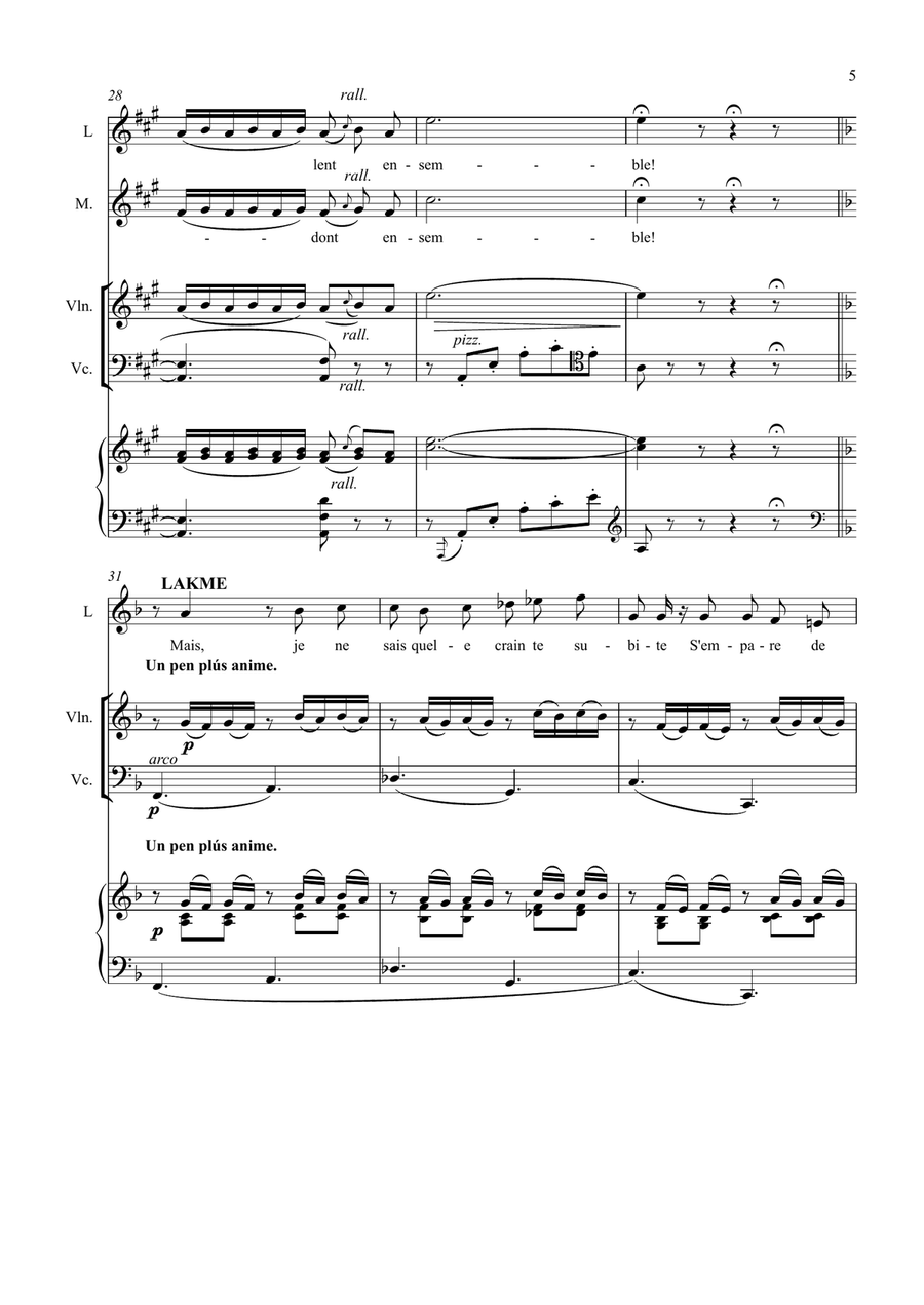 Flower Duet from Lakmé, arranged for 2 voices and piano trio Piano Trio scores gallery preview page 5
