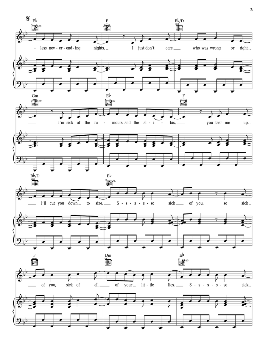 Sick Of You Sick Of You Piano, Vocal, Guitar scores gallery preview page 3