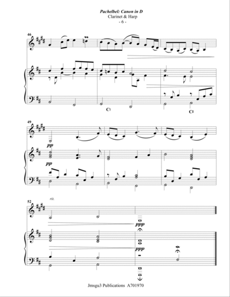 Pachelbel: Canon in D for Clarinet and Harp Clarinet scores gallery preview page 6