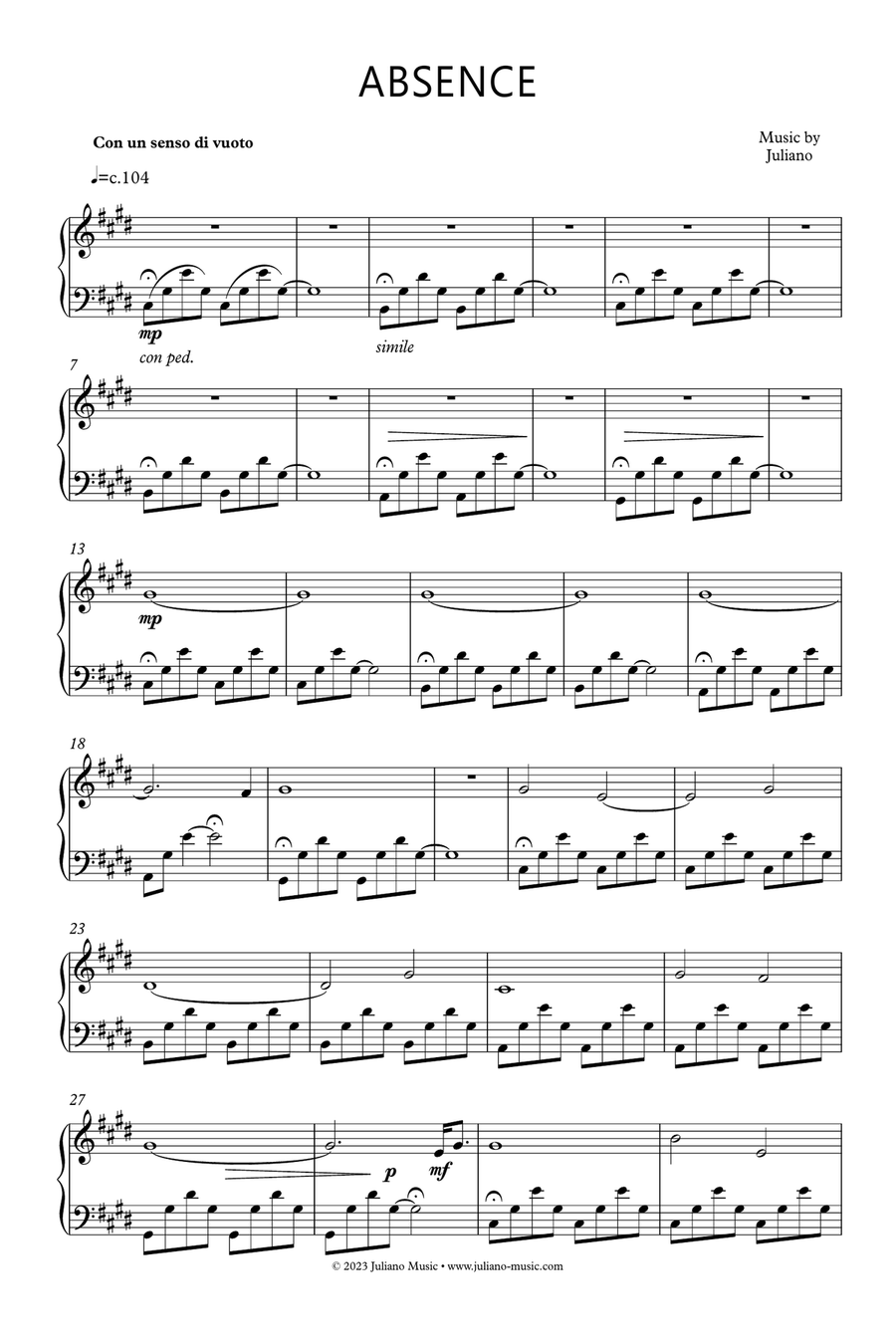 Absence Piano Solo scores gallery preview page 1