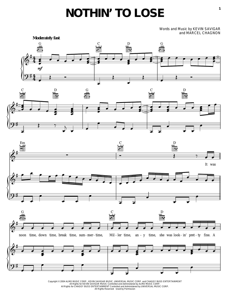 Nothin' To Lose Piano, Vocal, Guitar scores gallery preview page 1