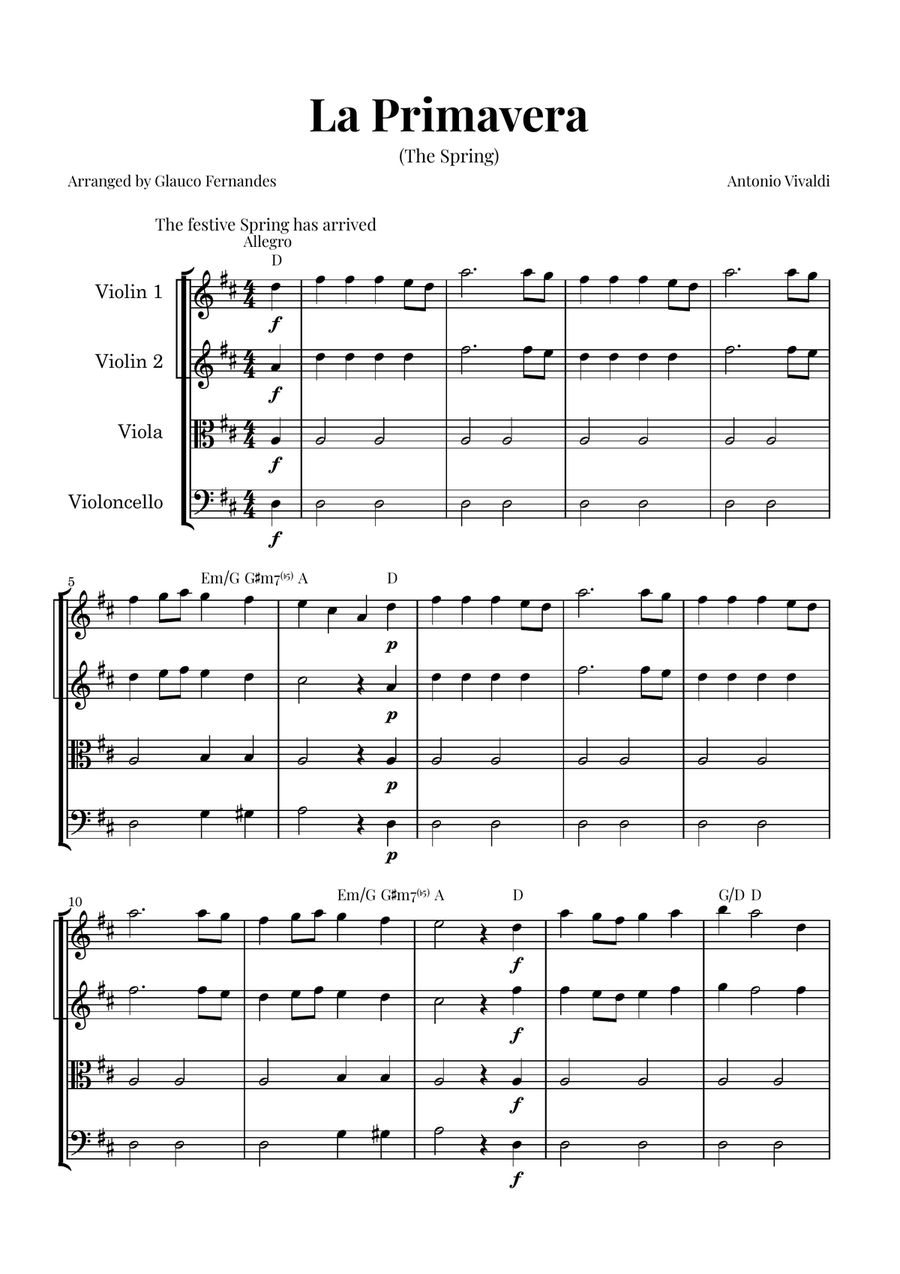 La Primavera (The Spring) by Vivaldi - String Quartet with Chord Notations String Quartet scores gallery preview page 1