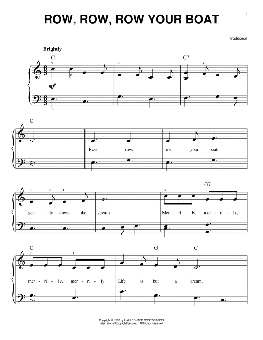 Row, Row, Row Your Boat Easy Piano scores gallery preview page 1