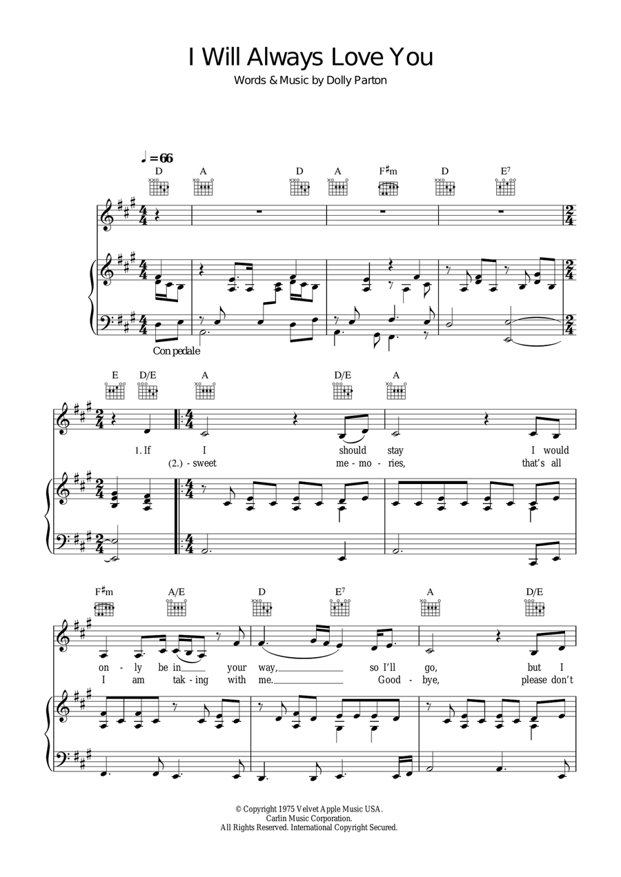 I Will Always Love You Piano, Vocal, Guitar scores gallery preview page 1