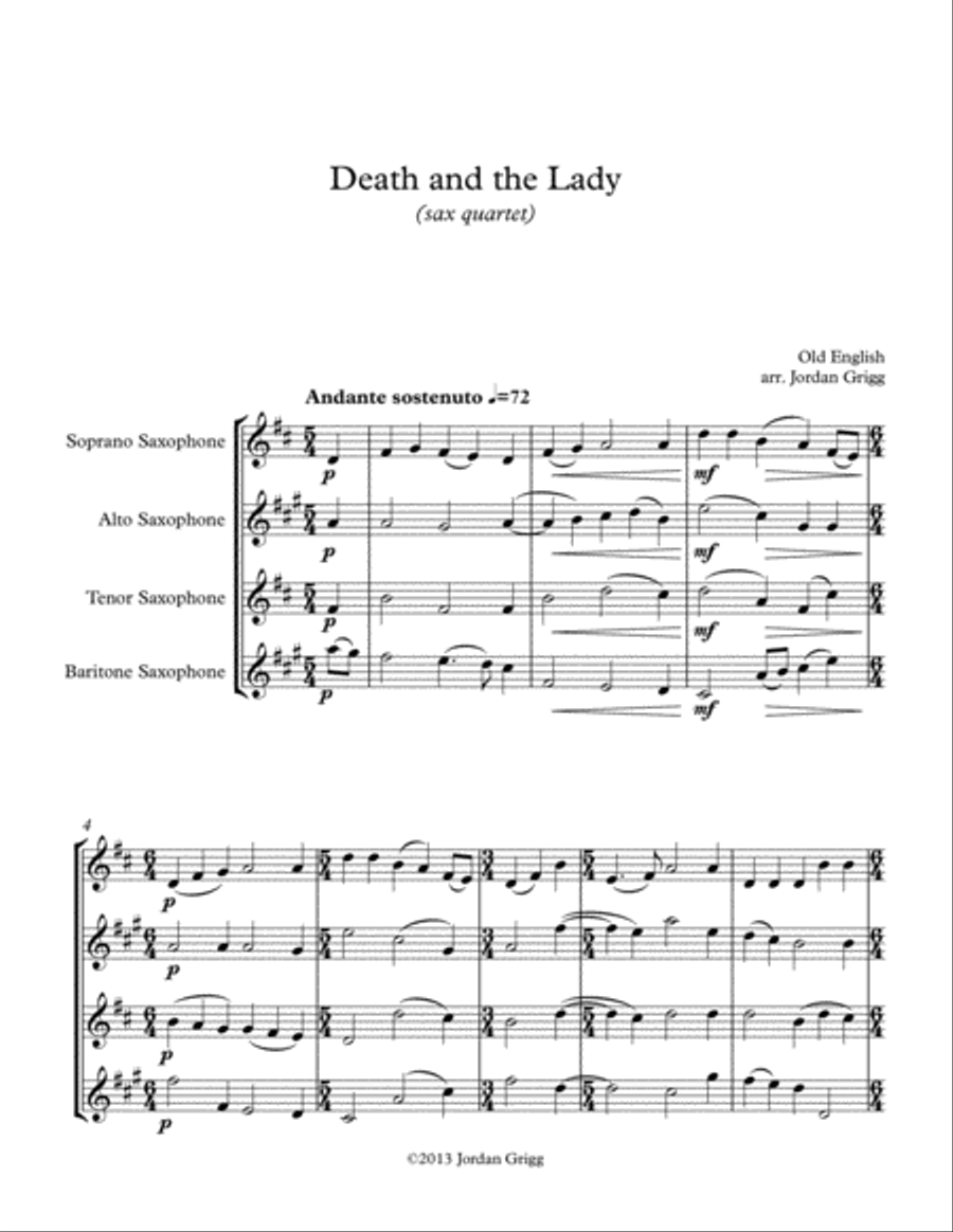 Death and the Lady (sax quartet) Saxophone Quartet scores gallery preview page 1