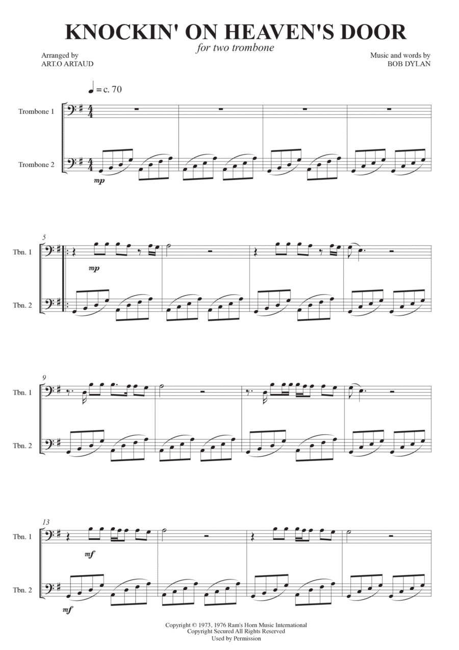 Knockin' On Heaven's Door Trombone Duet scores gallery preview page 1