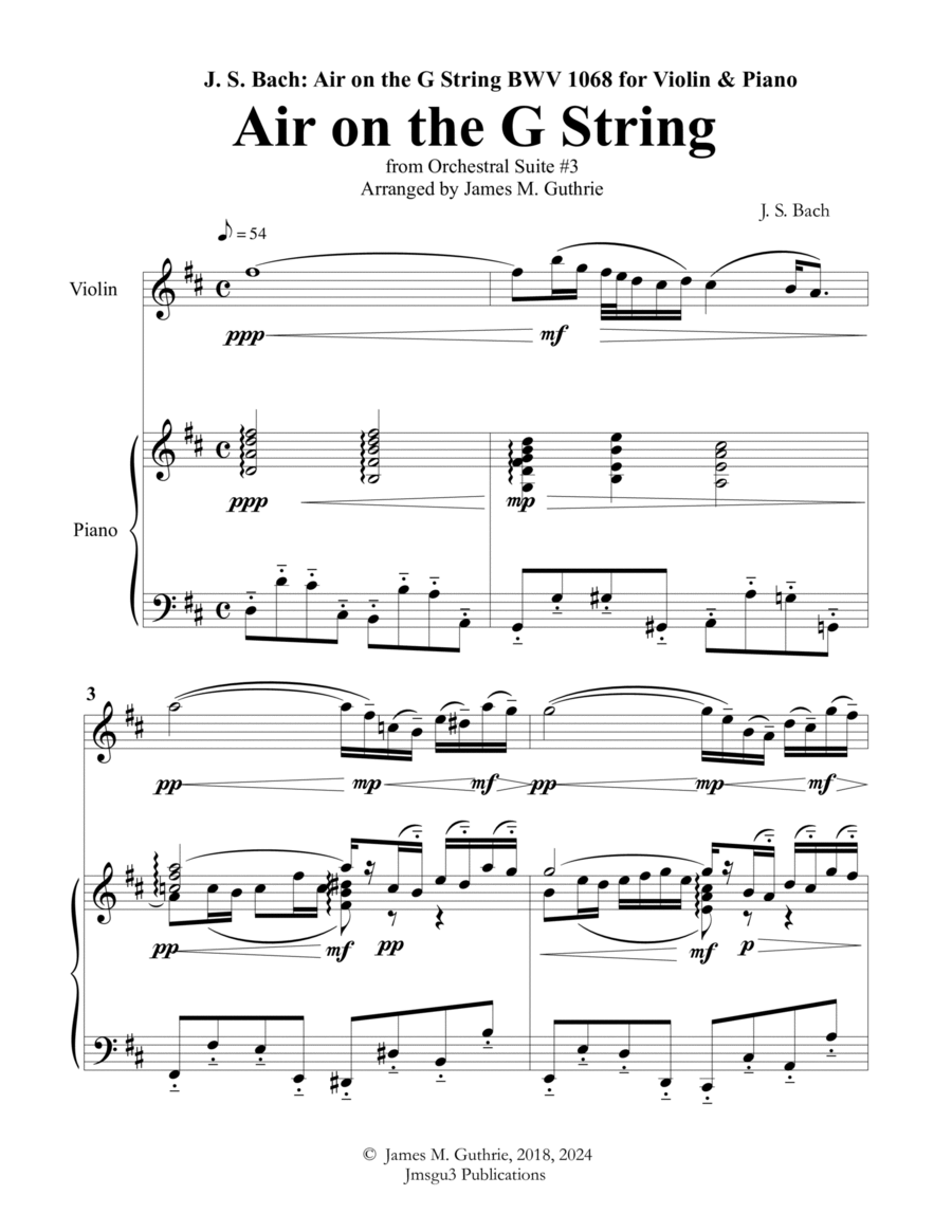 Bach: Air on a G String for Violin & Piano Violin Solo scores gallery preview page 1