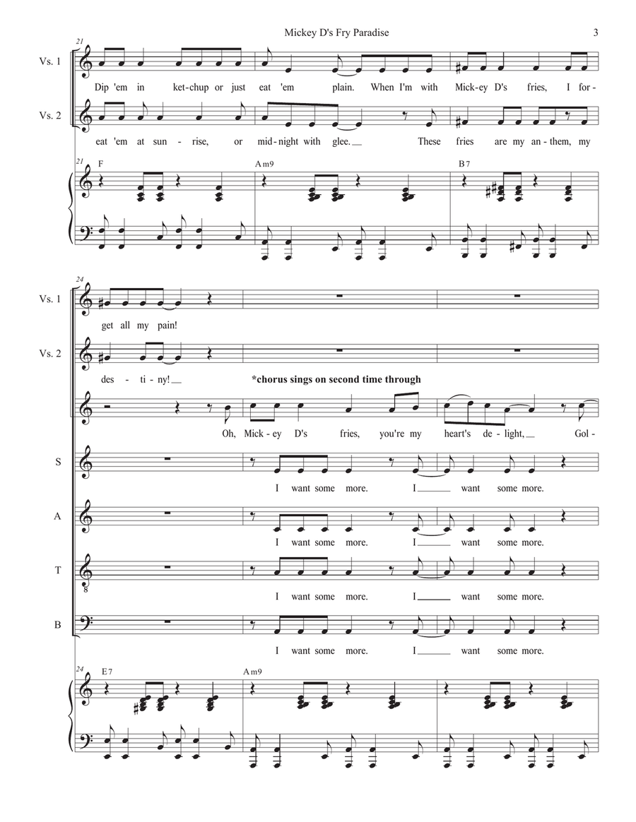 Mickey D's Fry Paradise (Solo with SATB) 4-Part scores gallery preview page 3