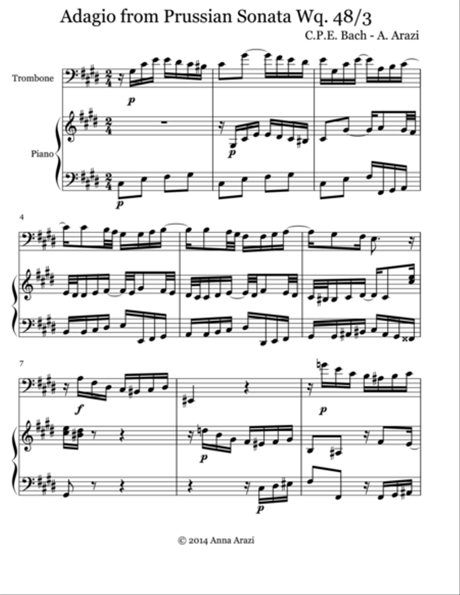 C.P.E. Bach-A. Arazi Adagio from Prussian Sonata No. 3 in E Major Wq. 48 Trombone Duet scores gallery preview page 1