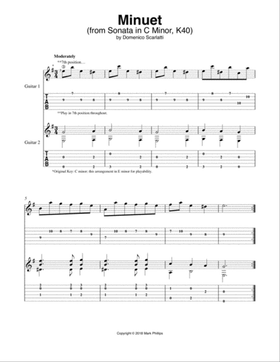 Minuet (from Sonata in C Minor, K40) Classical Guitar scores gallery preview page 1