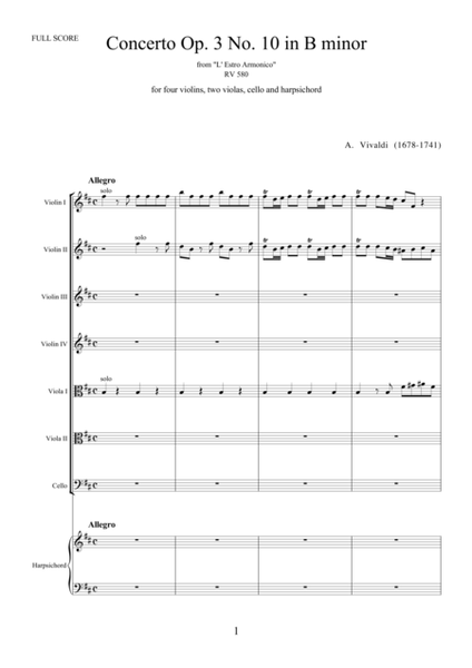 Vivaldi - Concerto for 4 Violins and Cello in B minor RV 580 (Parts & Score)