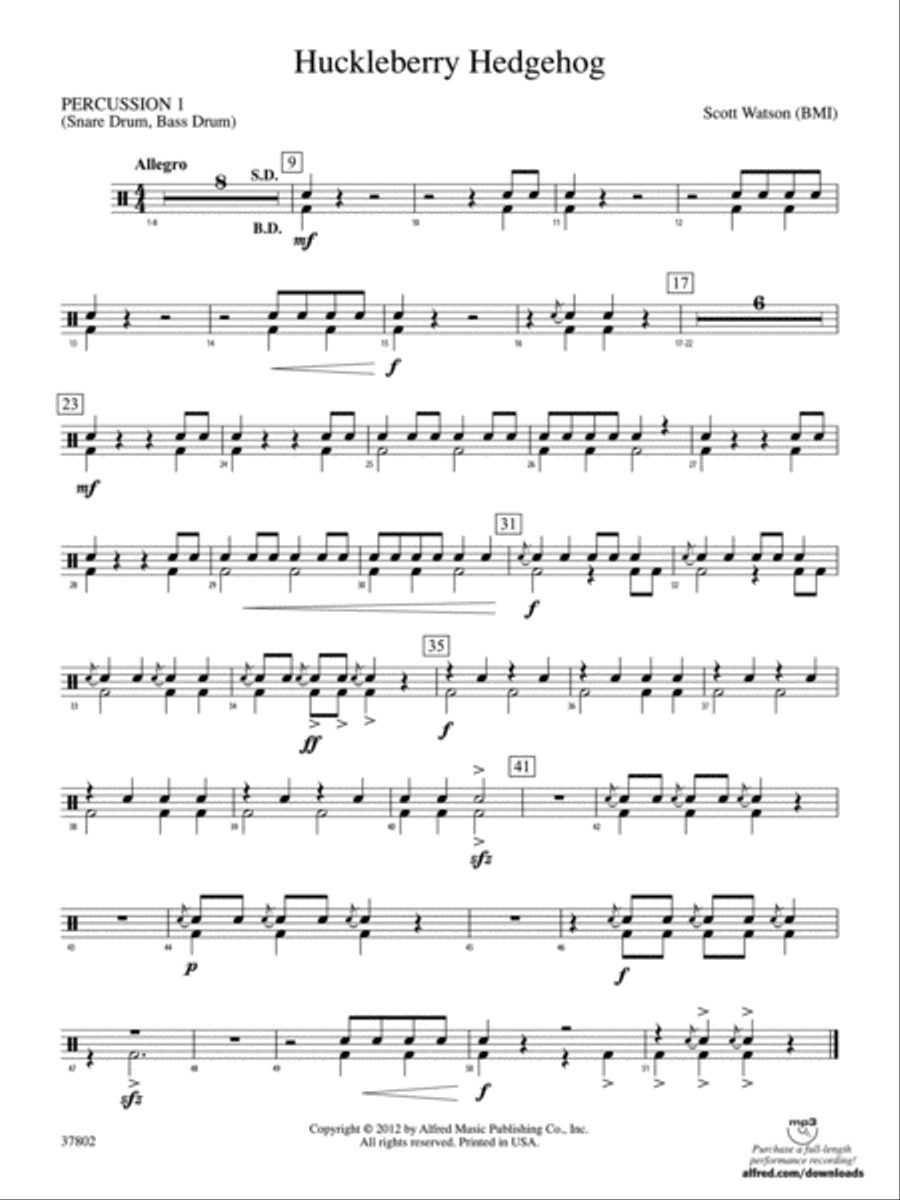 Huckleberry Hedgehog: 1st Percussion Concert Band scores gallery preview page 1