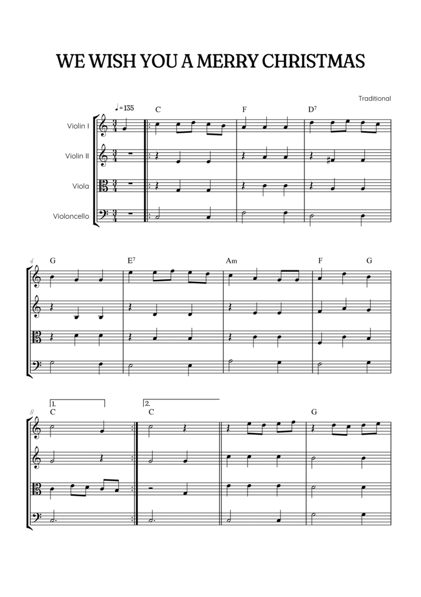 We Wish You a Merry Christmas for String Quartet • easy Christmas sheet music with chords image number null