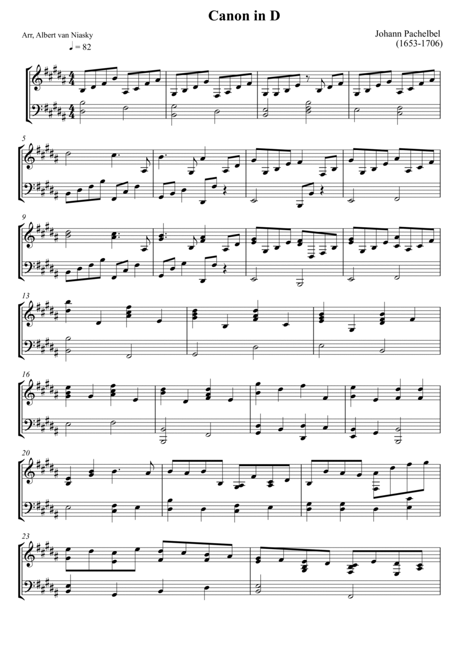 Johann Pachelbel - Canon in D - B major key Piano Solo scores gallery preview page 1