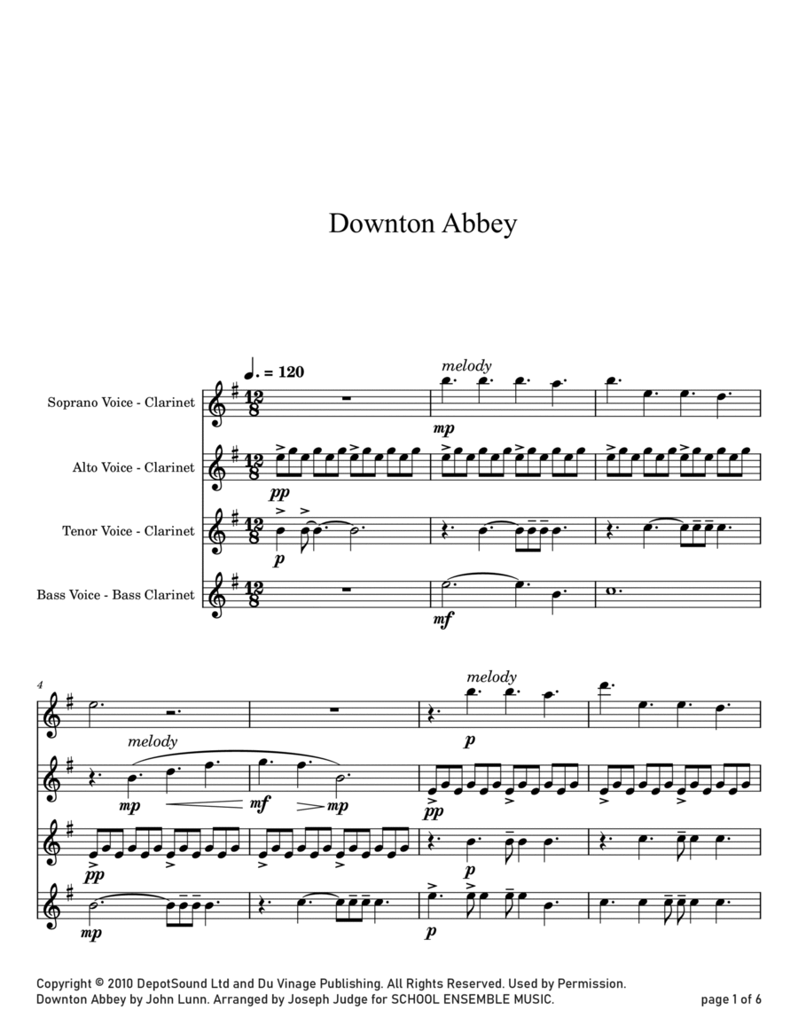Downton Abbey (Theme) Downton Abbey (Theme) Clarinet Quartet scores gallery preview page 1
